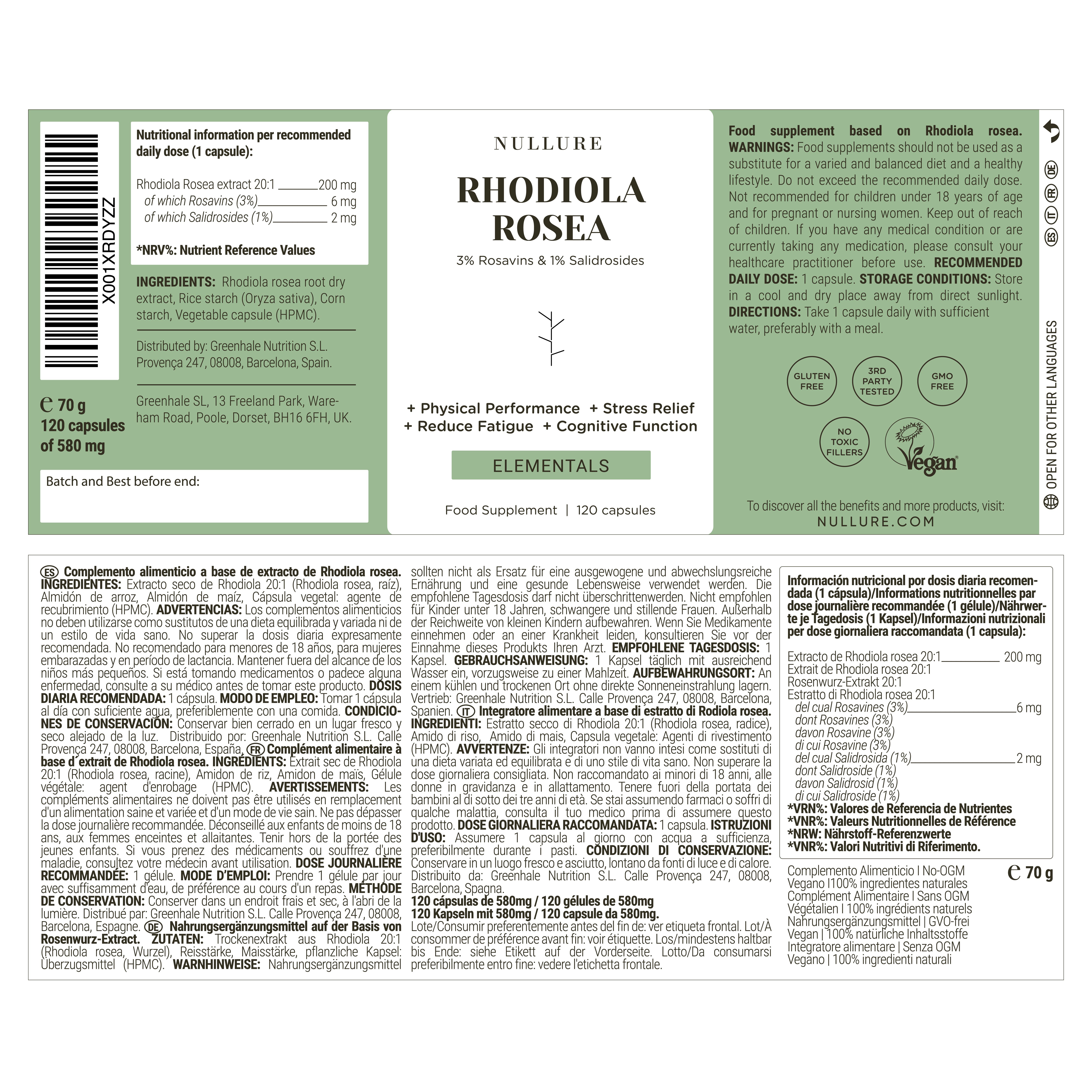 Fles met Rhodiola Rosea capsules. Tekst: Voordelen, energie, vitaliteit, stressreactie, prestaties, cognitieve functie.