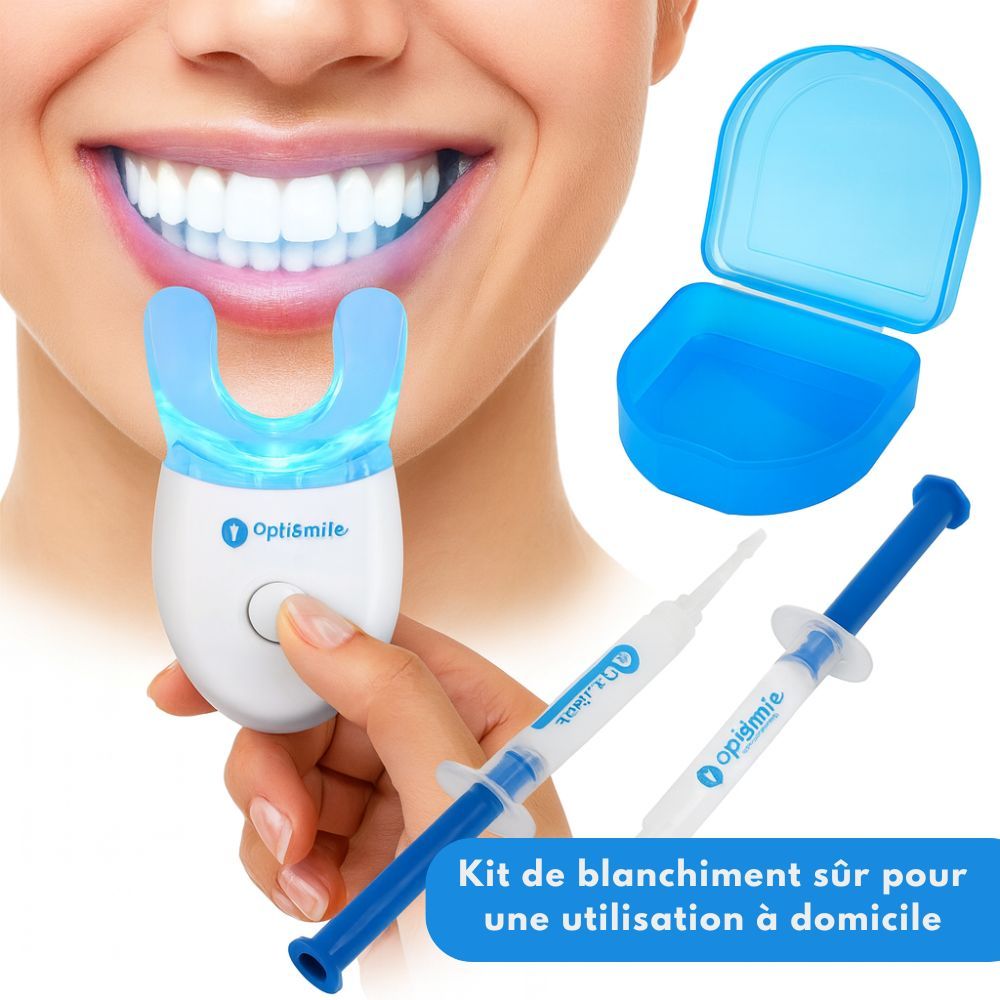 Femme avec dents blanchies. Appareil OptiSmile, seringues et boîte de rangement bleue visibles.