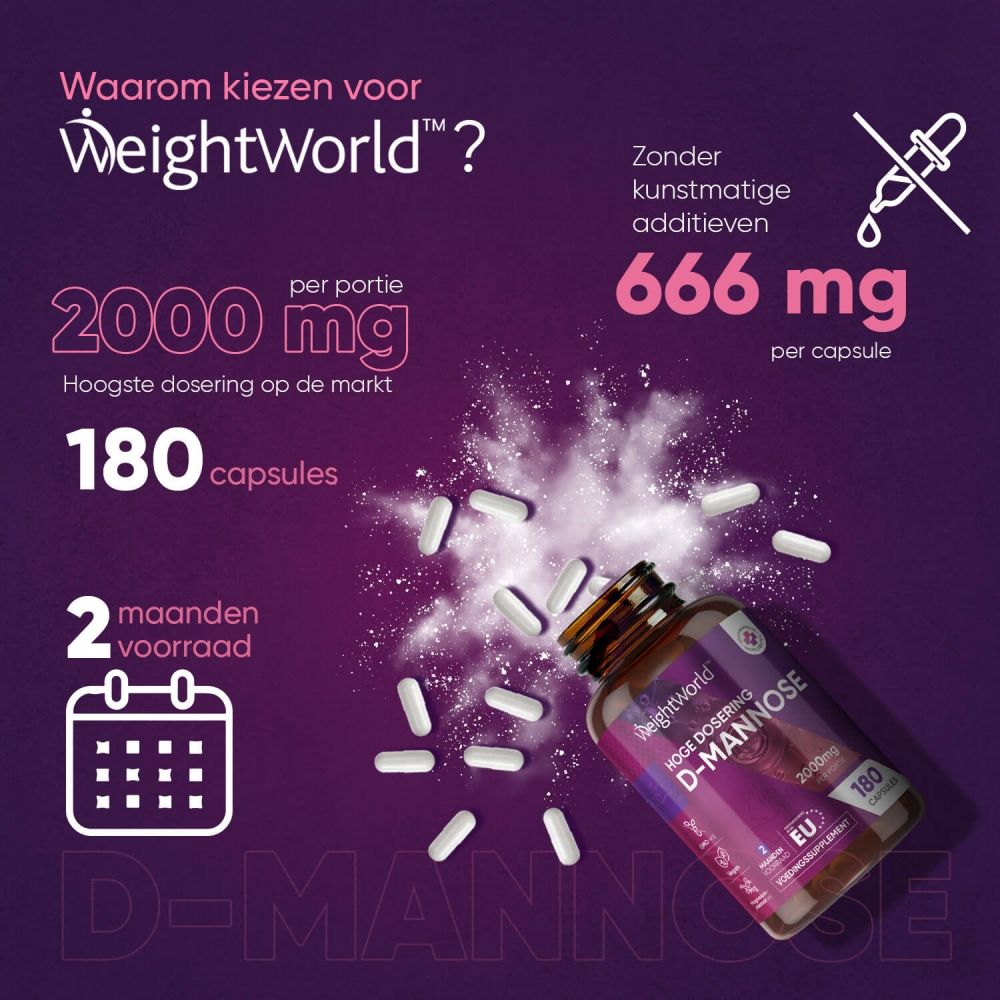 Bruine fles D-Mannose capsules. Tekst: 2000mg per portie, 180 capsules, 2 maanden voorraad. WeightWorld.