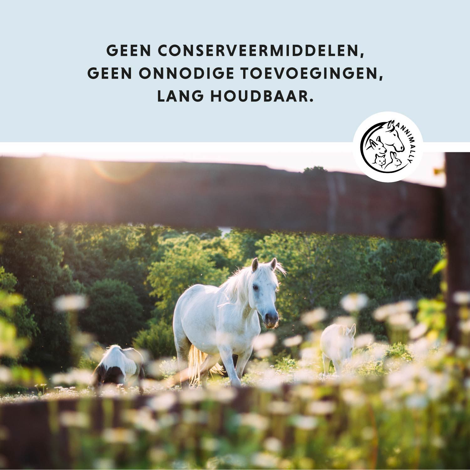 Paarden in een veld. Tekst: Zonder conserveringsmiddelen, zonder onnodige toevoegingen, lang houdbaar. Logo.