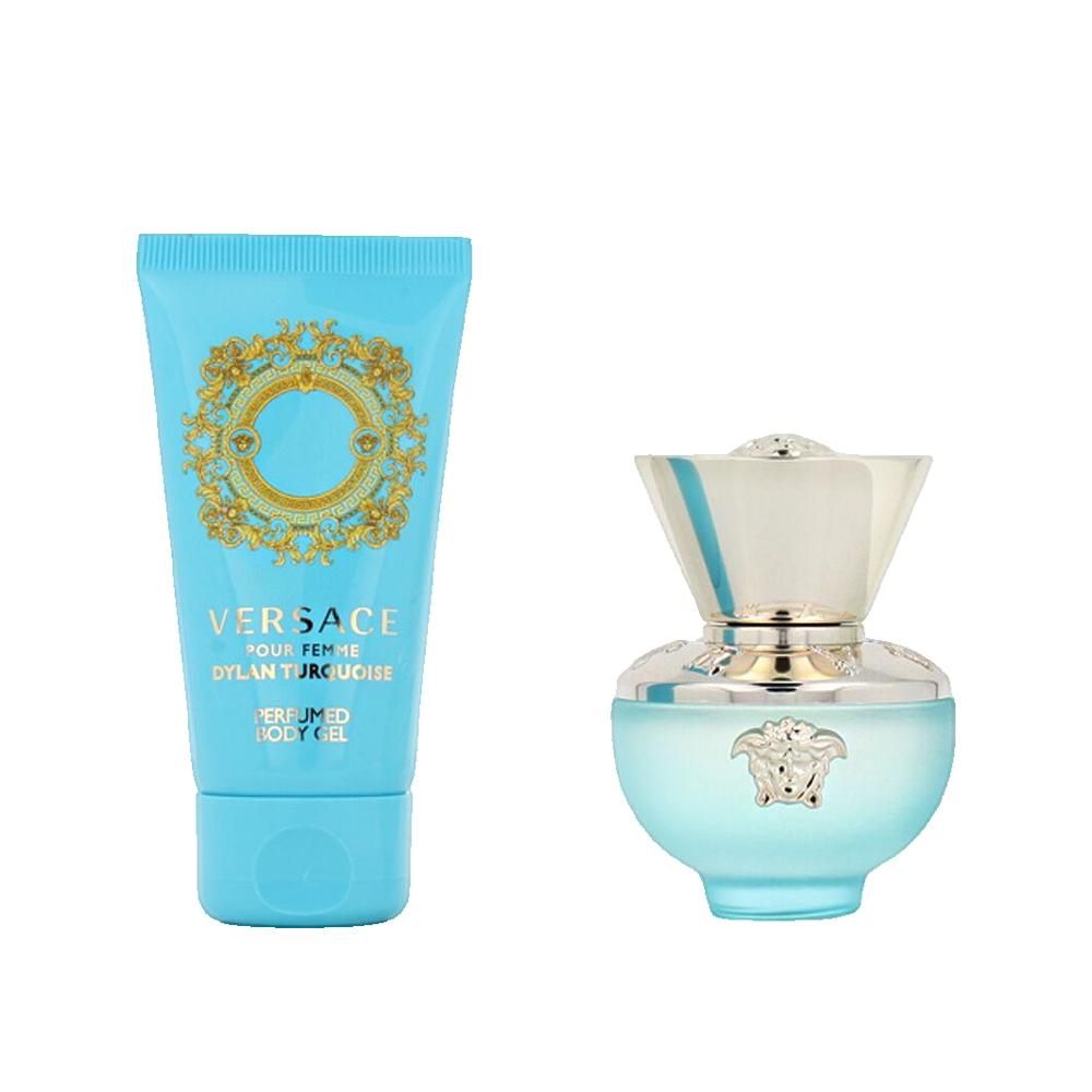 Turquoise flesje en tube. Op de tube staat "Versace Pour Femme Dylan Turquoise Perfumed Body Gel".