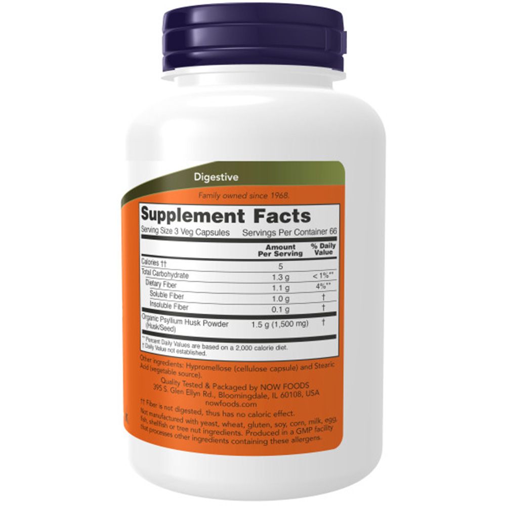 Achterkant van de fles. Oranje etiket met voedingswaarde en ingrediënten. Tekst: NOW, Psyllium Husk Powder.