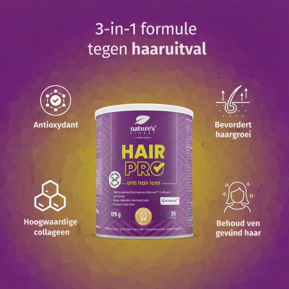 Pot Nature's Finest Hair Pro. Opschrift: Hair Pro, tegen haaruitval. 125g, 25 porties. Grafieken.