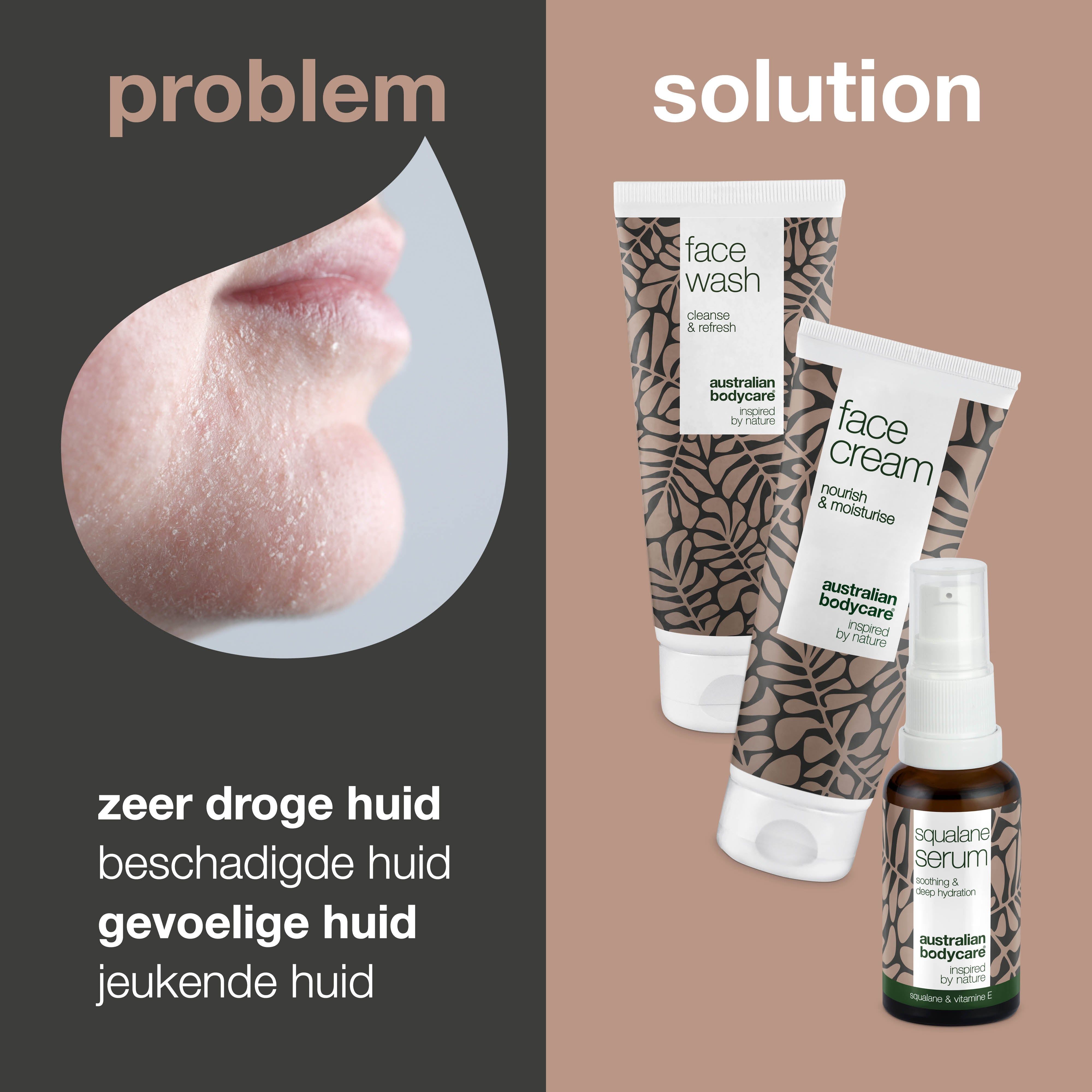 Probleem: zeer droge, gevoelige huid, jeuk. Oplossing: set met Face Wash, Face Cream en Squalane Serum.