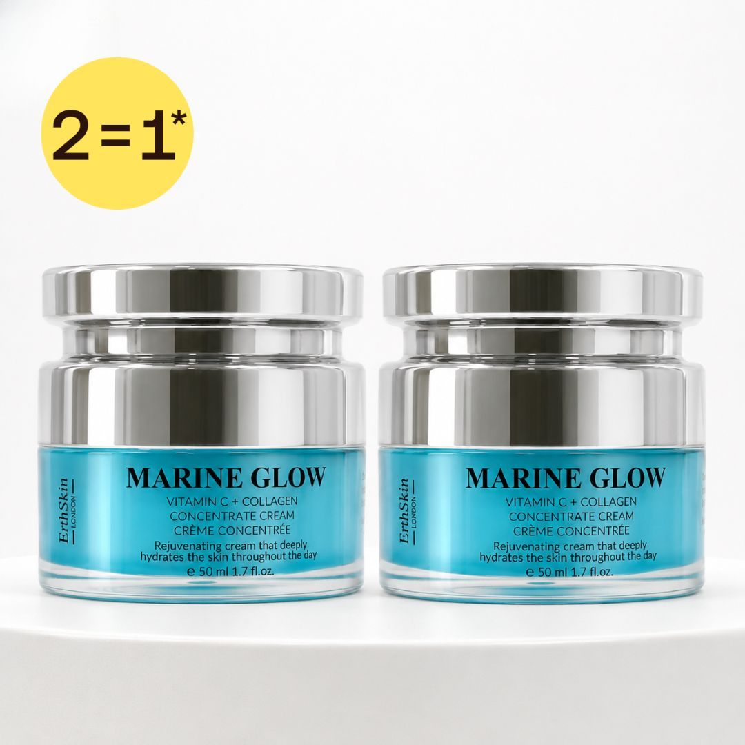 Twee potten Marine Glow Vitamine C + Collageen Concentraatcrème met zilveren deksels.