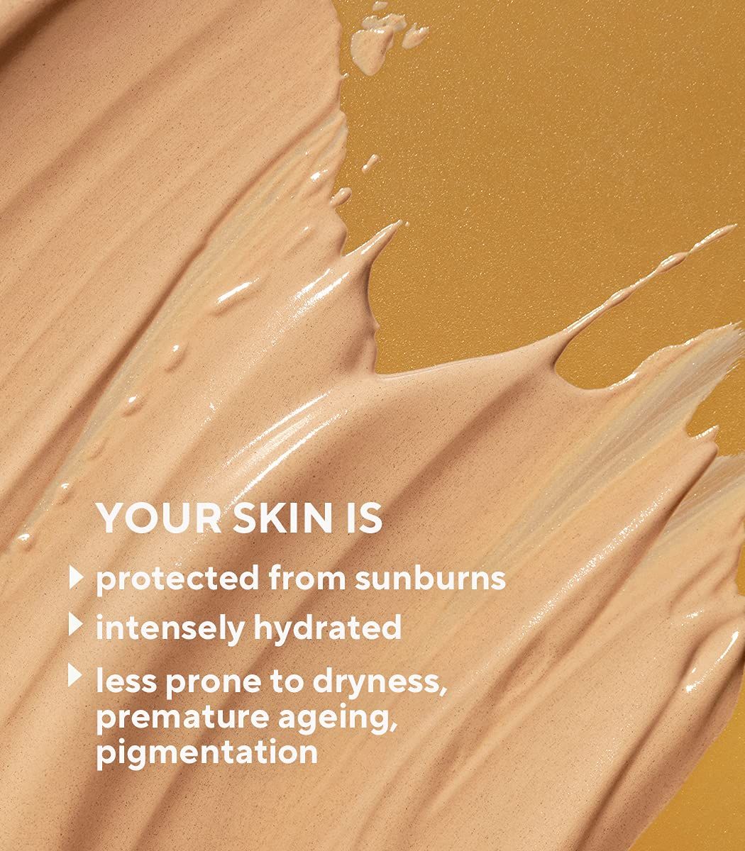 Crème teintée. Texte : Votre peau est protégée des coups de soleil, intensément hydratée, moins sujette à la sécheresse.