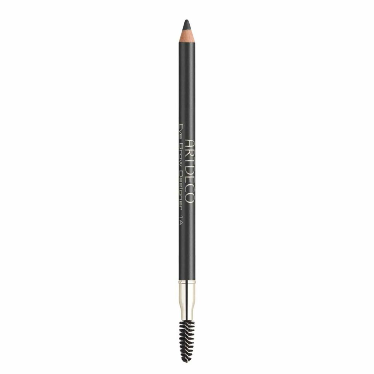 Artdeco Eye Brow Designer. Zwart wenkbrauwpotlood met borstel. Zilveren metalen huls. Productnaam en kleurnummer gedrukt.
