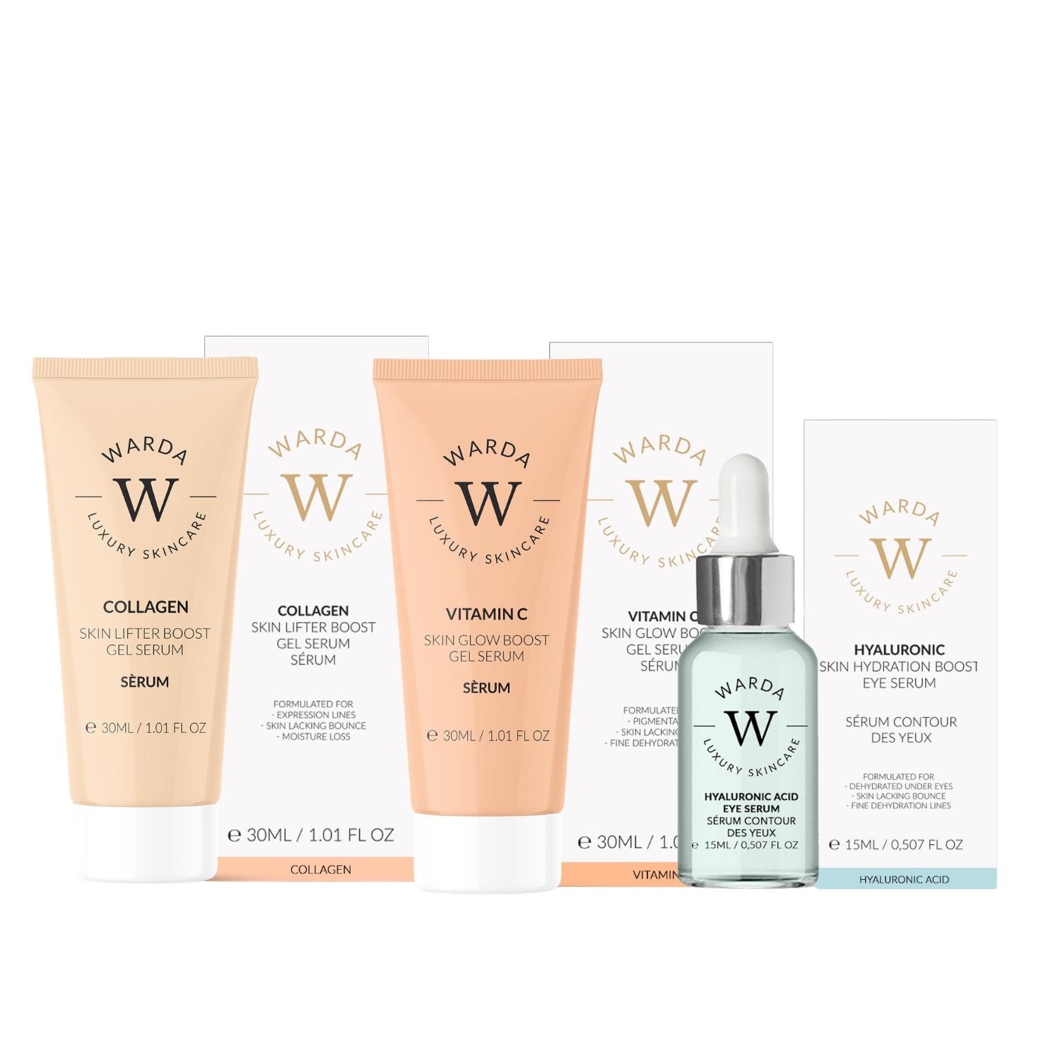 Warda Luxury Skincare set. Vier producten: twee tubes, twee flacons. Collageen, Vitamine C, Hyaluronzuur. Witte verpakking met logo.