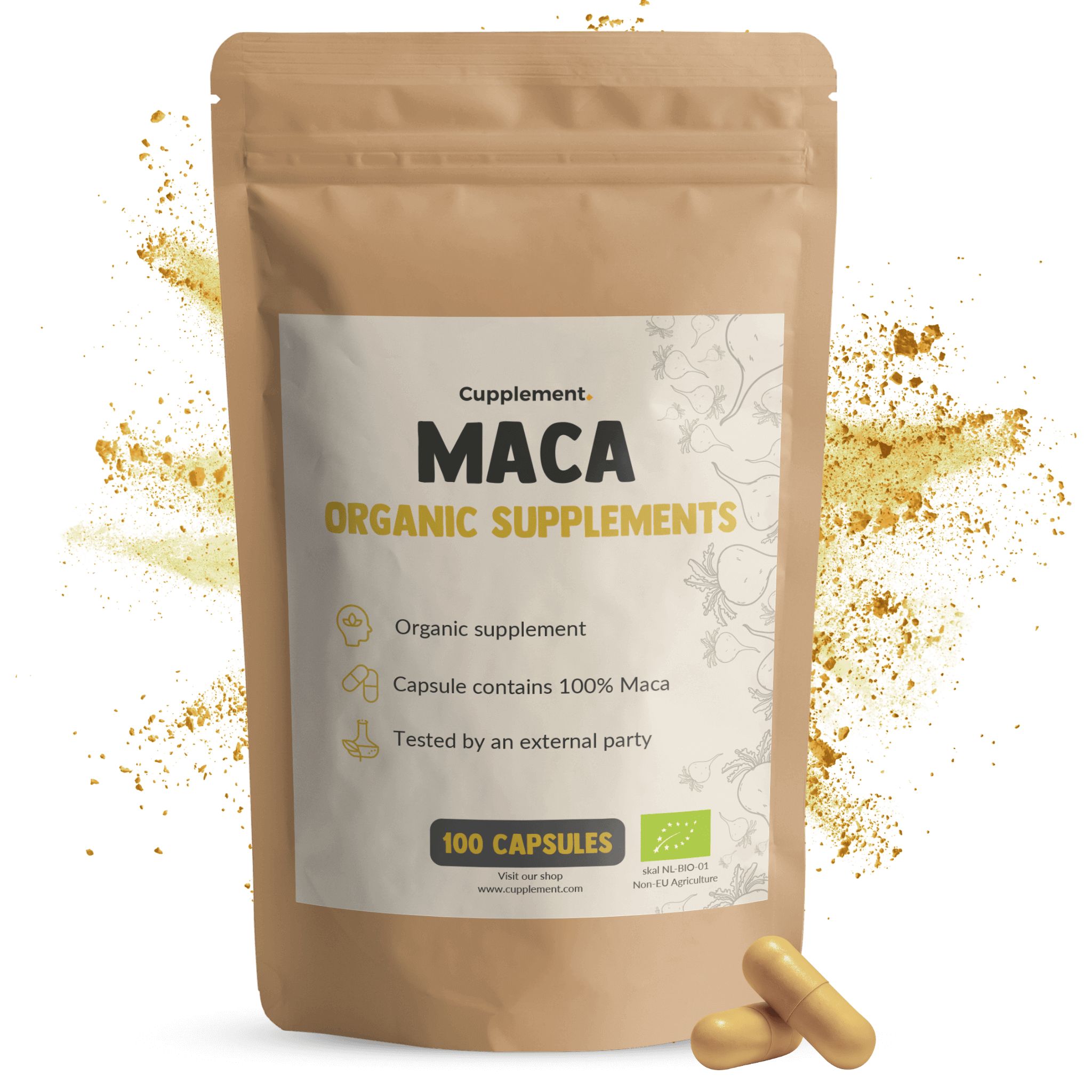 Bruine zak met Maca Organic Supplements. 100 capsules. Gele capsules ernaast. Biologische certificering.