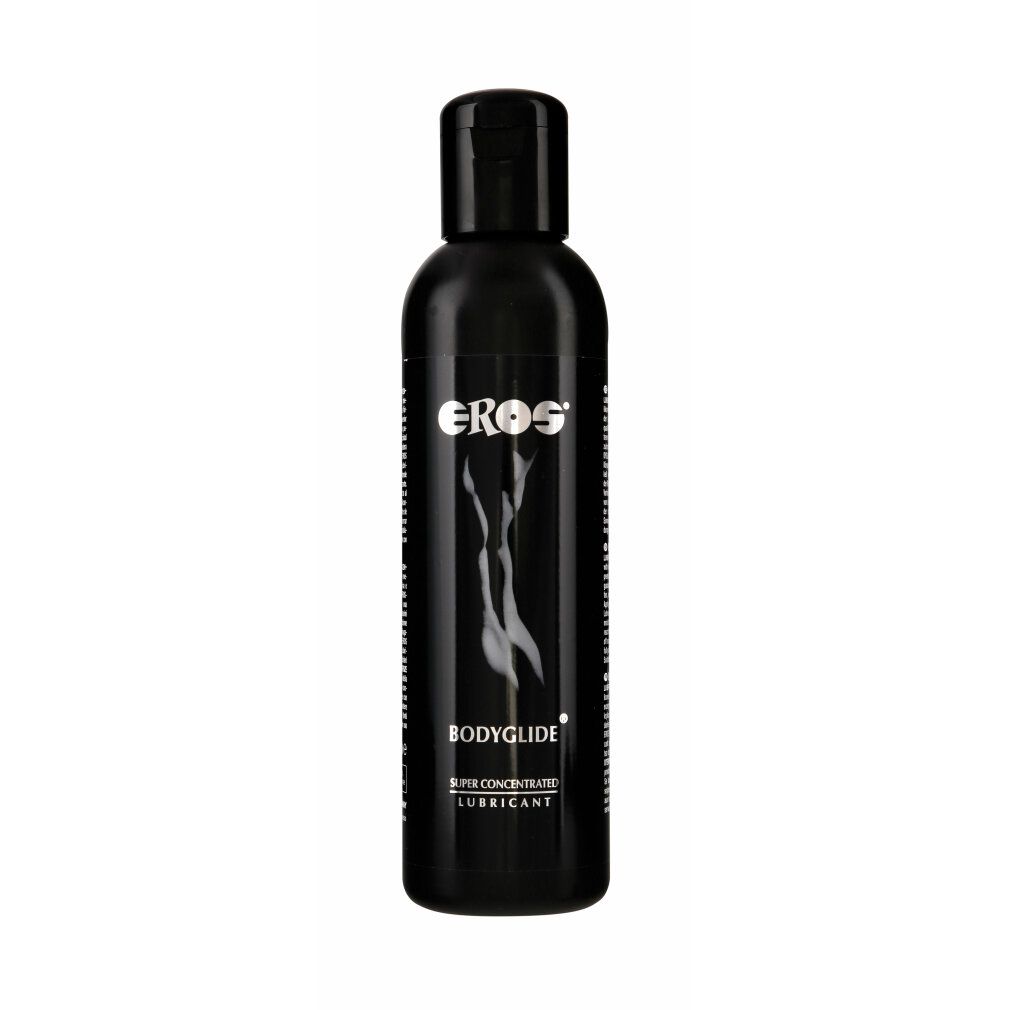 Flacon noir avec EROS Bodyglide Super Concentrated Lubricant. Logo argenté et silhouette stylisée.