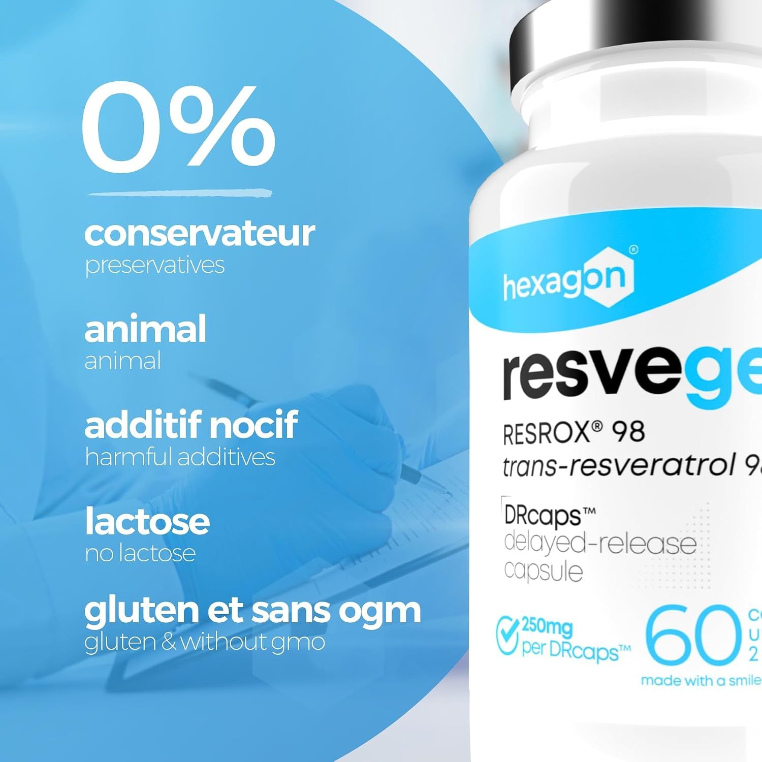 Capsule Hexagon Resveratrol: 0% conservateurs, sans gluten & sans OGM.
