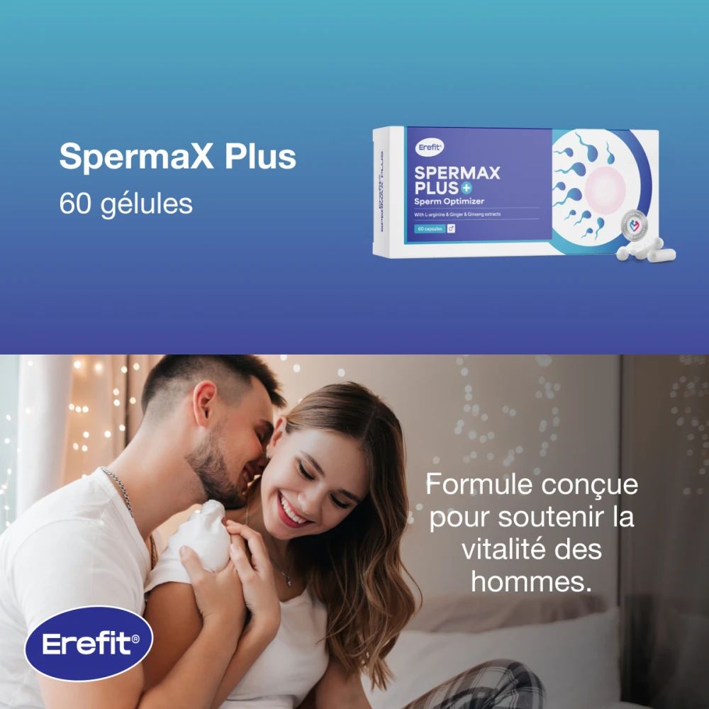 Boîte Erefit SpermaX Plus, 60 gélules. Couple en arrière-plan. Texte: Formule pour soutenir la vitalité des hommes.