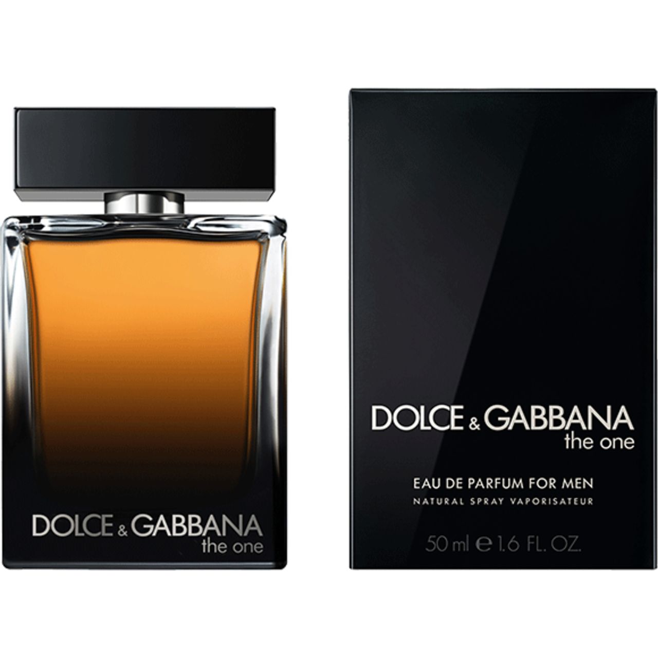 Fles en verpakking. Fles: bruin, zwart. Verpakking: zwart, wit. Opschrift: Dolce & Gabbana, The One.