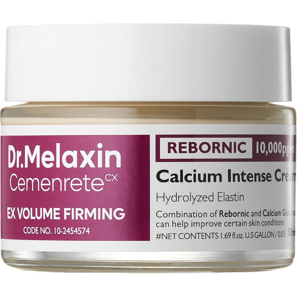 Dr. Melaxin Cemenrete EX Volume Firming Calcium Intense Cream dans un pot en verre avec un couvercle blanc.