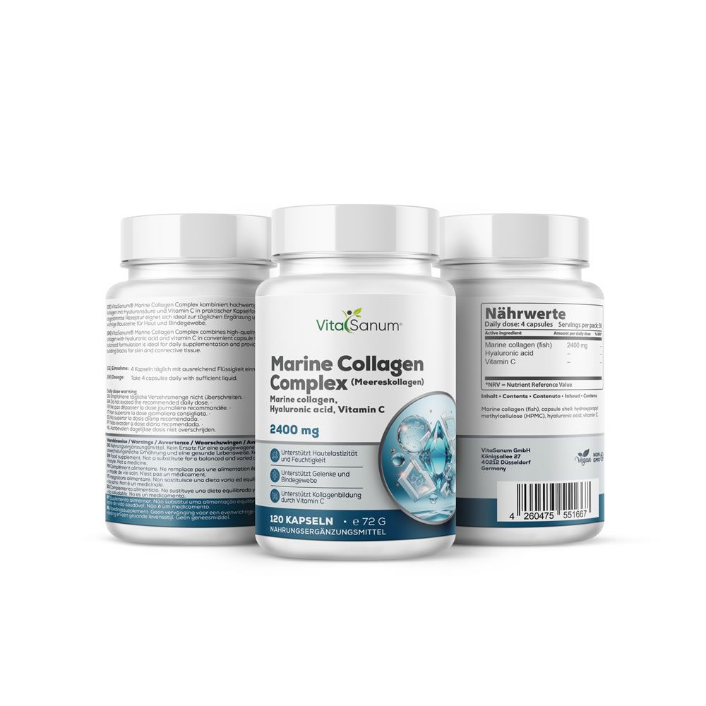 Drie witte potten 'VitaSanum Marine Collagen Complex'. 120 capsules. Met vitamine C. Productinformatie.