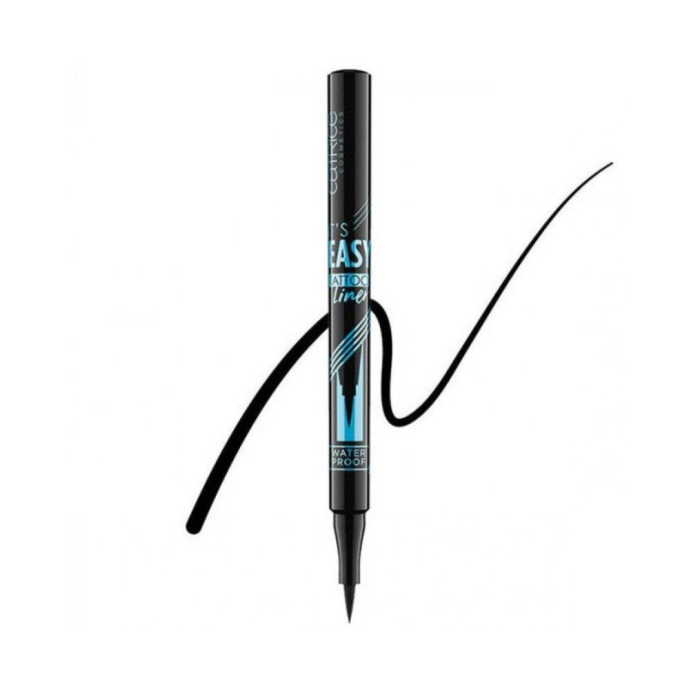 Eyeliner noir avec pointe fine. Inscription: It's Easy Tattoo Line, résistant à l'eau. Trait noir à côté.