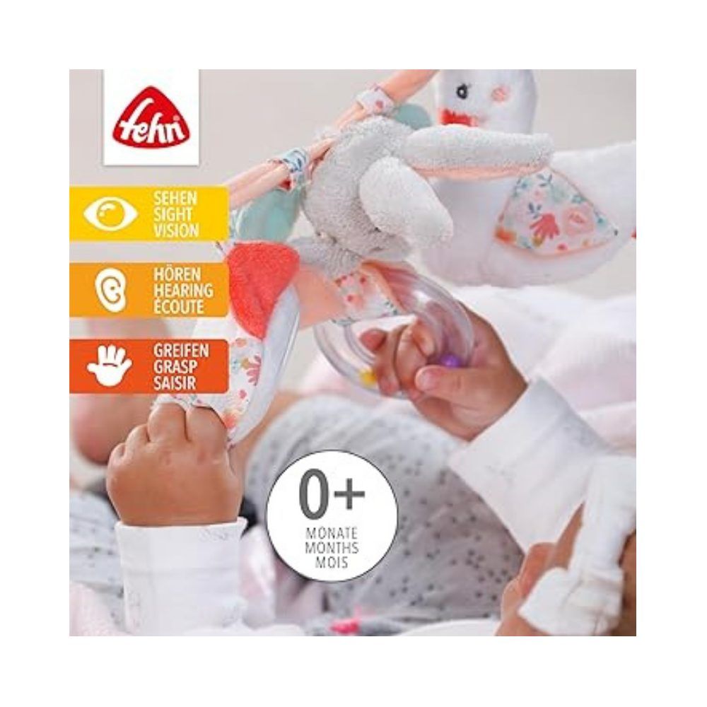 Bébé avec chaîne de jouets. Lapin, canard, miroir et hochet. Marque Fehn. Âge: 0+ mois.