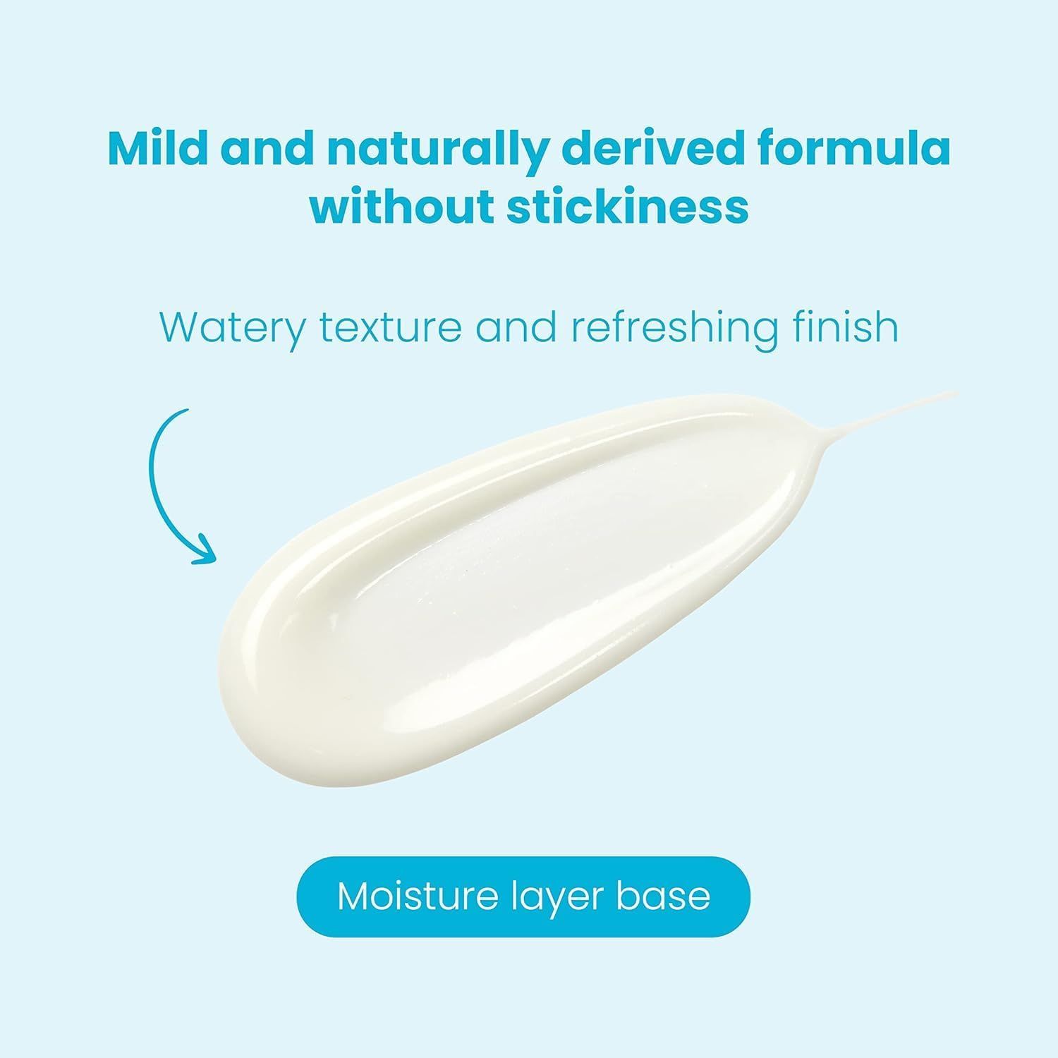 Produit blanc sur fond bleu clair. Texte : Texture aqueuse, fini rafraîchissant, base couche hydratante.