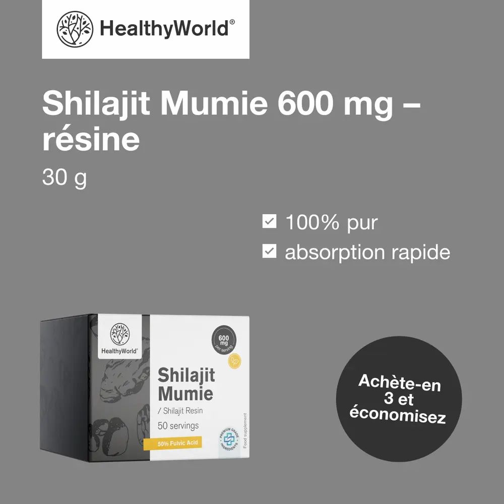 HealthyWorld Shilajit Mumie 600 mg résine: Résine ayurvédique, acide fulvique. Plusieurs emballages.