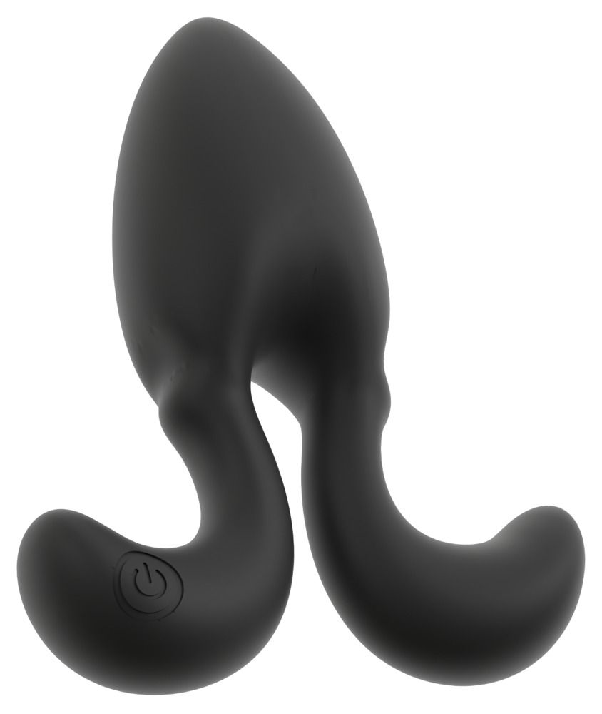 Zwarte anale plug met flexibele armen, geïsoleerd. Toont het aan/uit-symbool op een arm.