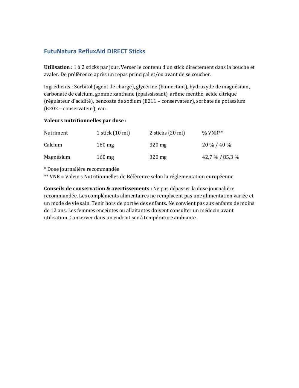Texte avec informations nutritionnelles et ingrédients pour RefluxAid DIRECT Sticks.