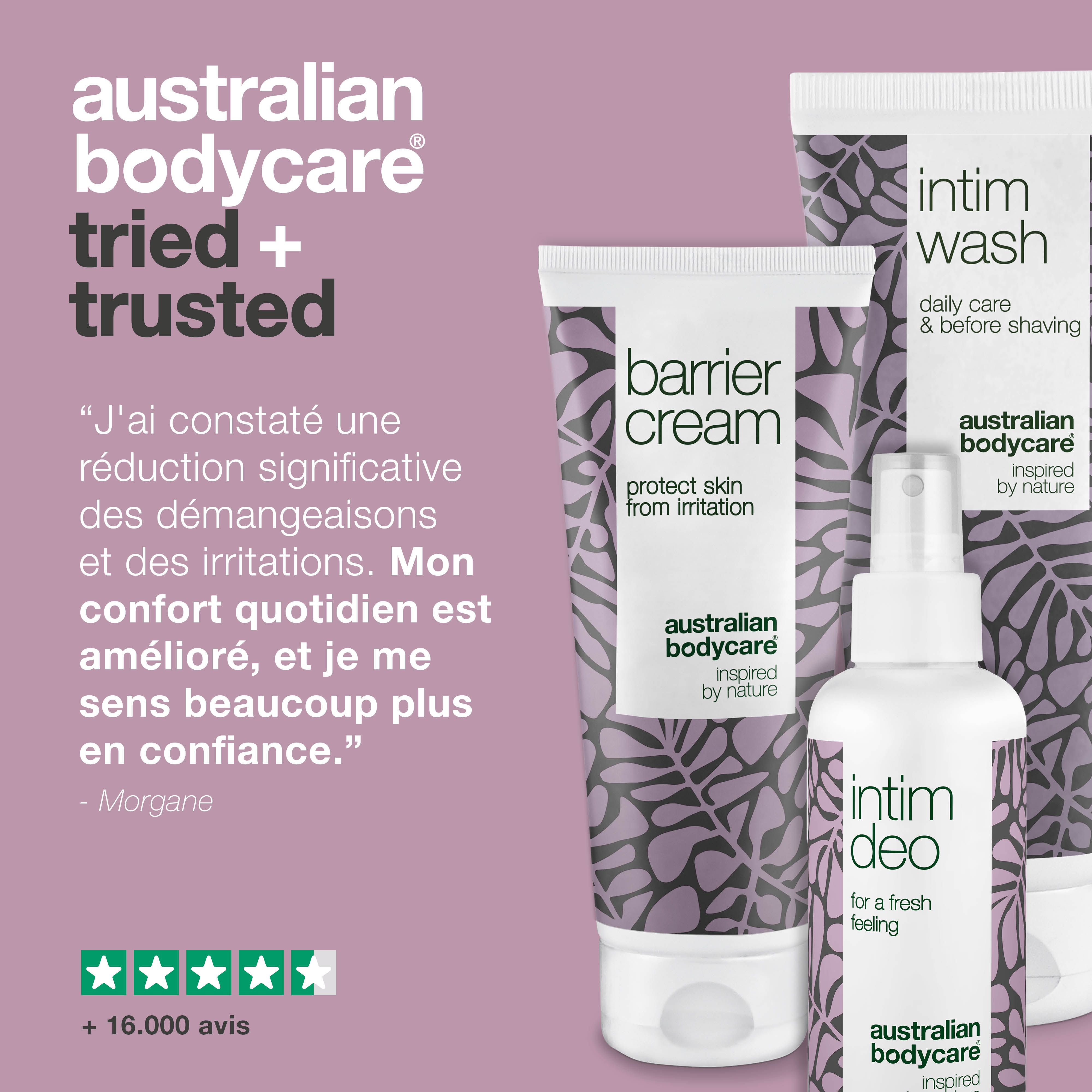 Image de produits avec texte. Produits : Barrier Cream, Intim Wash, Intim Deo. Texte : Testé et approuvé par les dermatologues. Marque : Australian Bodycare.