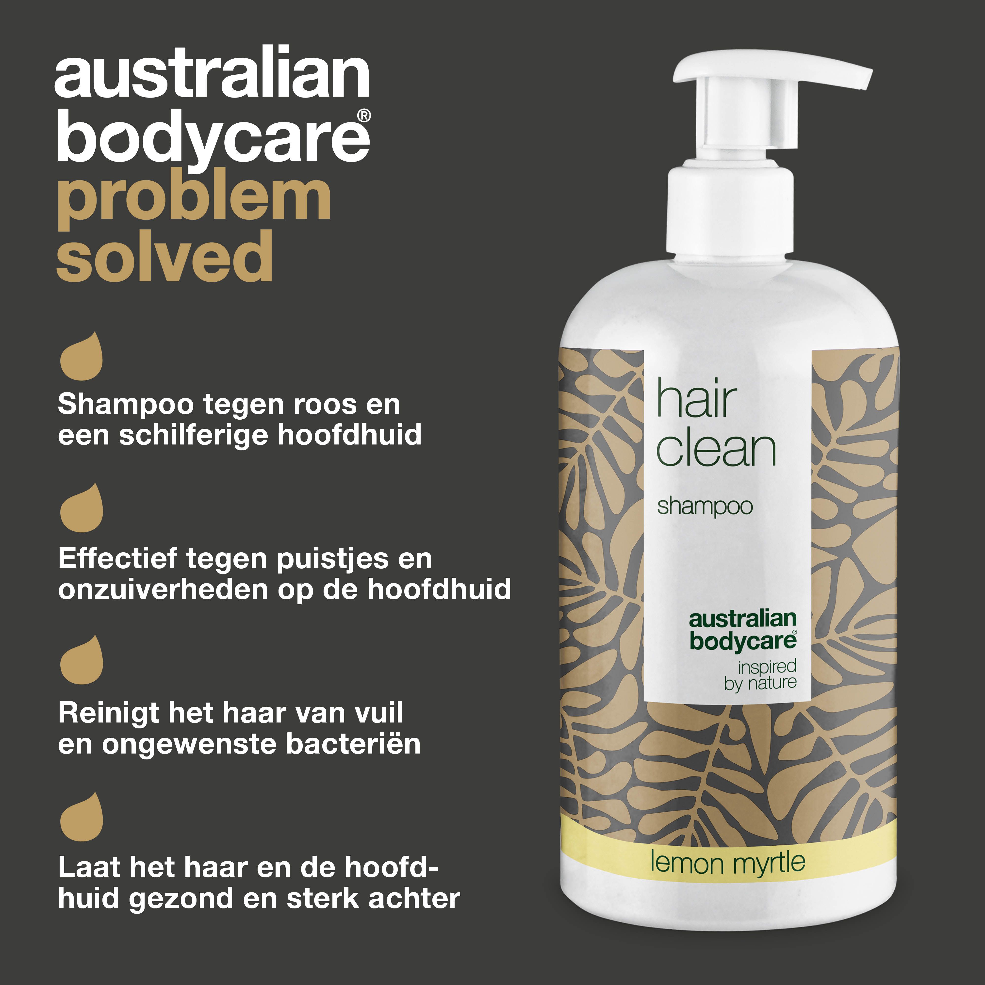 Shampoo fles. Tekst: Hair Clean Shampoo, australian bodycare. Opschrift: Shampoo tegen roos en een schilferige hoofdhuid.