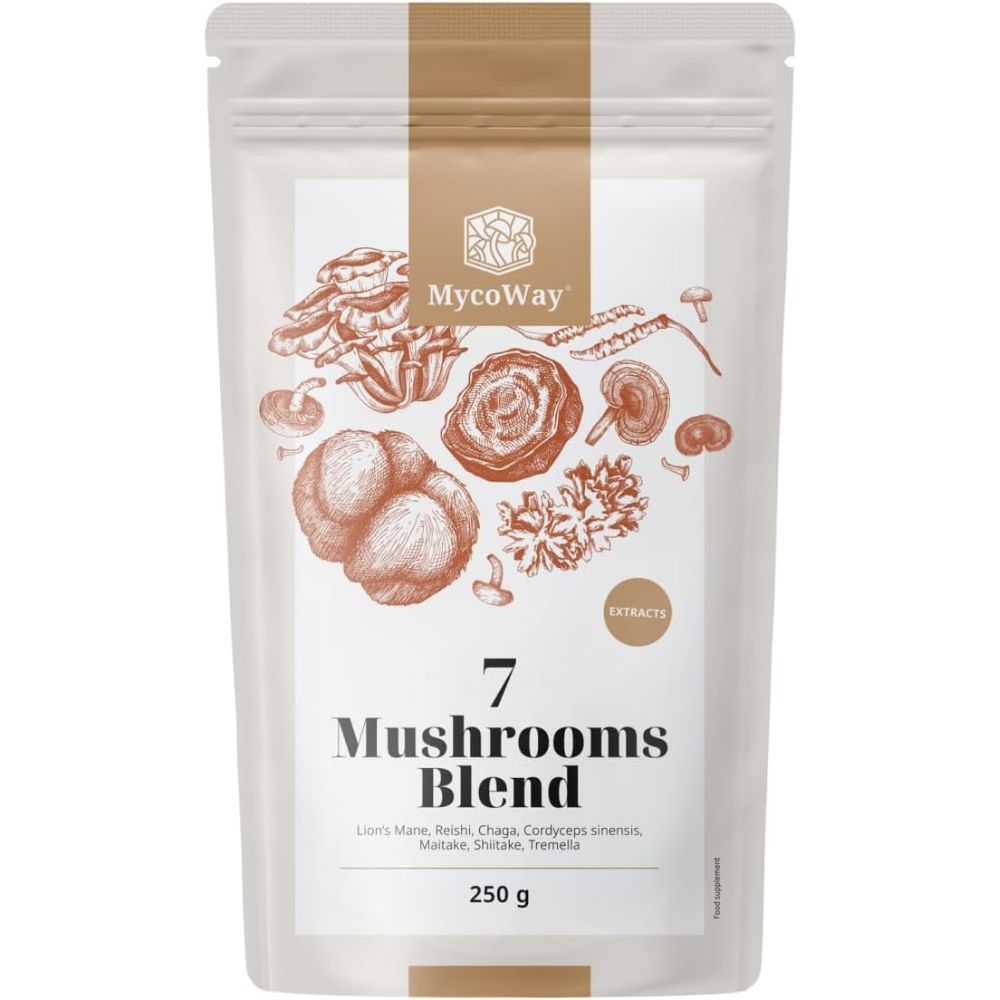 Zakje met paddenstoelenextracten. Opschrift: 7 Mushrooms Blend, 250 g. Illustraties van paddenstoelen.