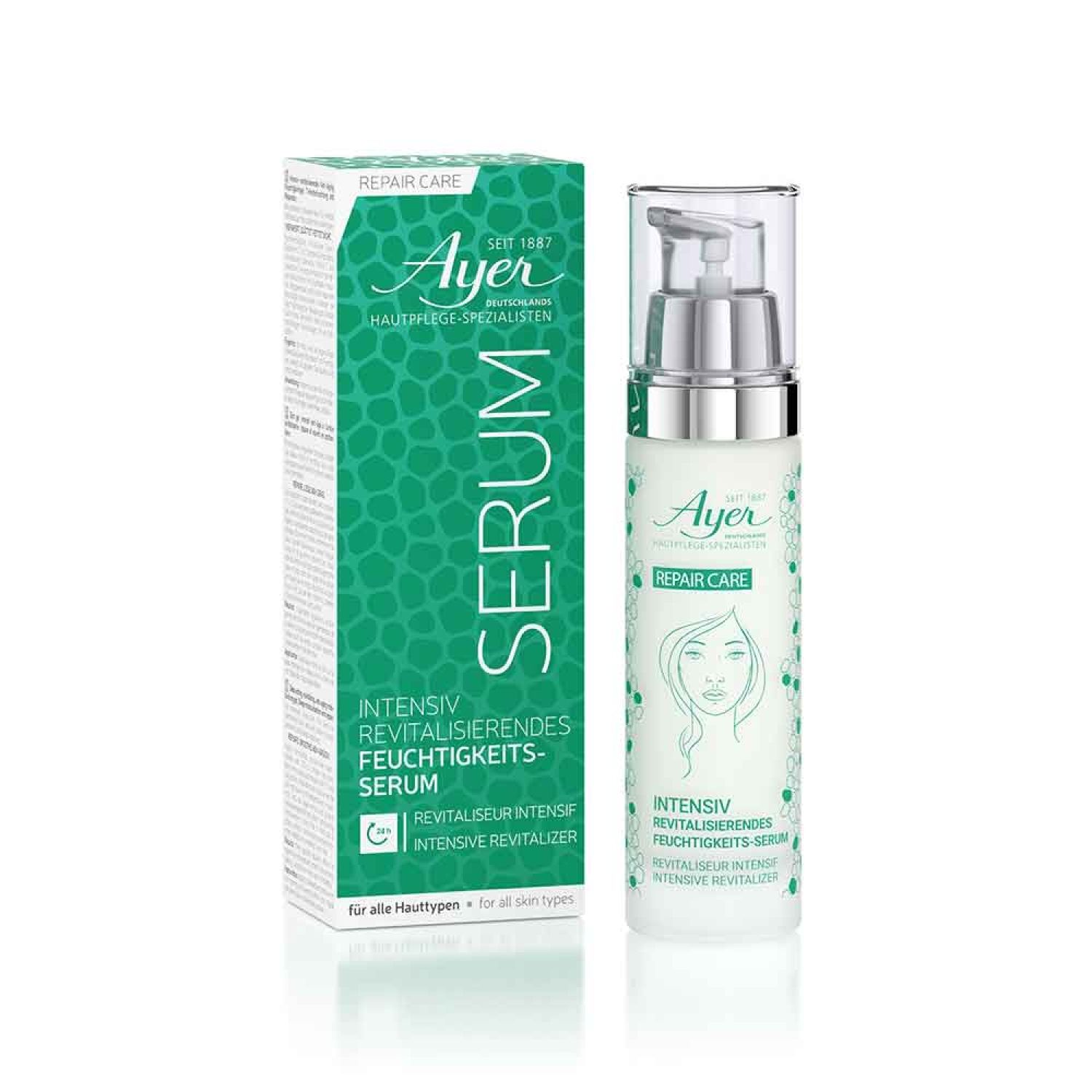 Ayer Repair Care serumfles en verpakking. Fles met pomp. Verpakking groen en wit. Tekst: Intensief revitaliserend vochtserum.