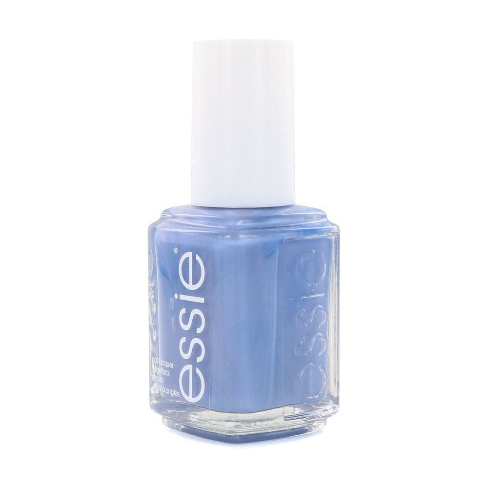 Essie nagellak in lichtblauw. Transparante glazen fles met witte dop. Merknaam "essie" zichtbaar.