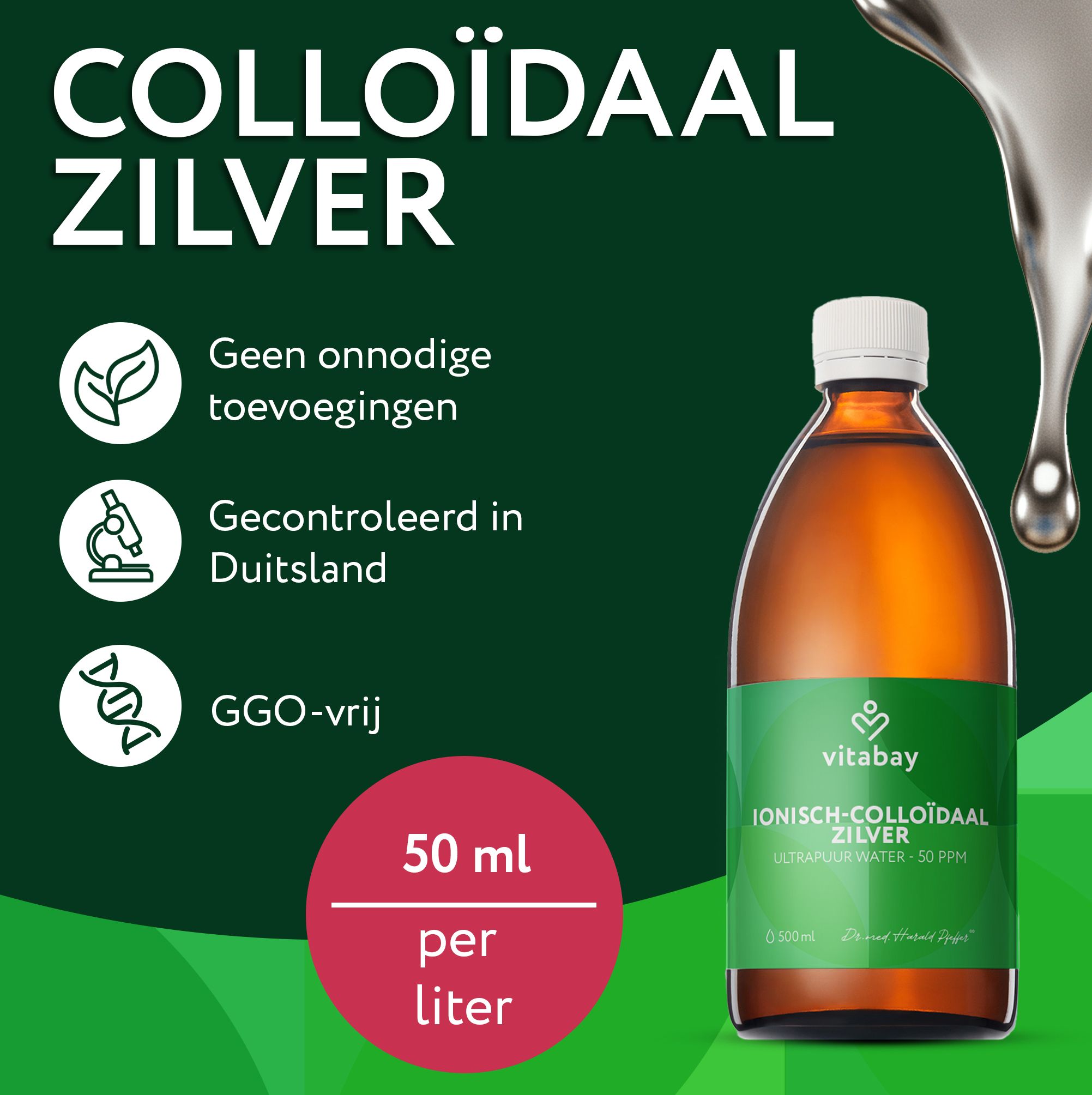 Bruine glazen fles met groen etiket, 500ml. Tekst over voordelen: geen toevoegingen, gecontroleerd in Duitsland, GGO-vrij.