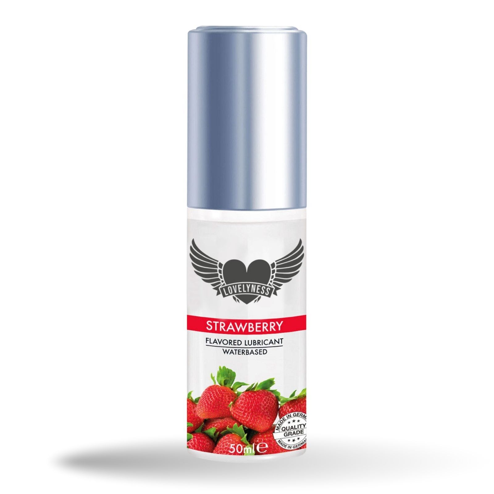Fles glijmiddel met aardbeien. Opschrift: Strawberry, Flavored Lubricant, Waterbased.