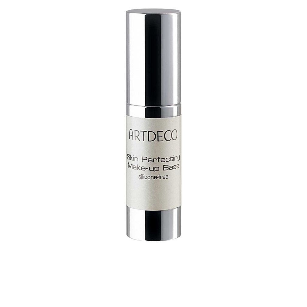 Flacon cylindrique avec bouchon argenté. Inscription: ARTDECO Skin Perfecting Make-up Base, sans silicone.