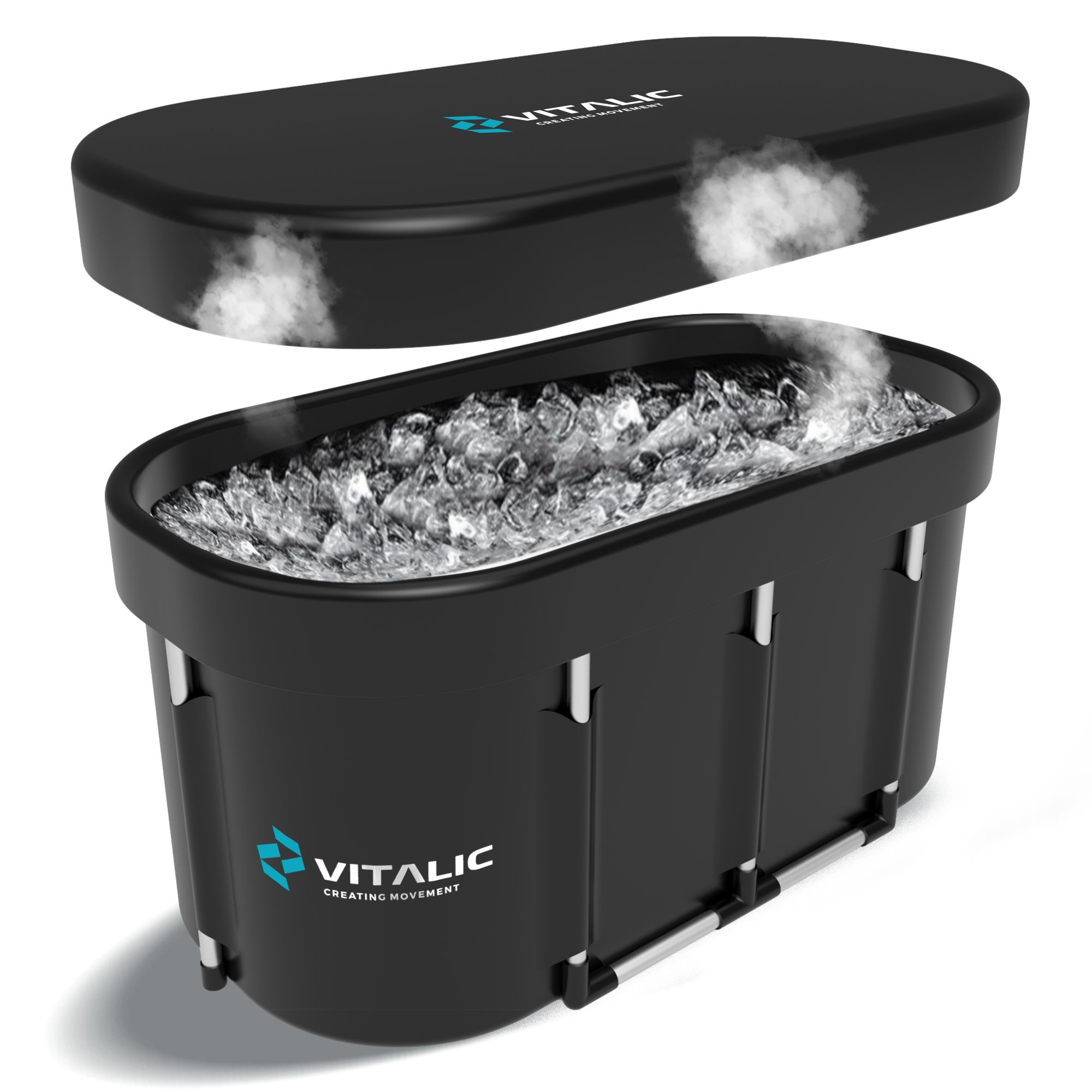 Bain de glace ovale noir avec couvercle. Vapeur visible. Logo VITALIC. Contient des glaçons.