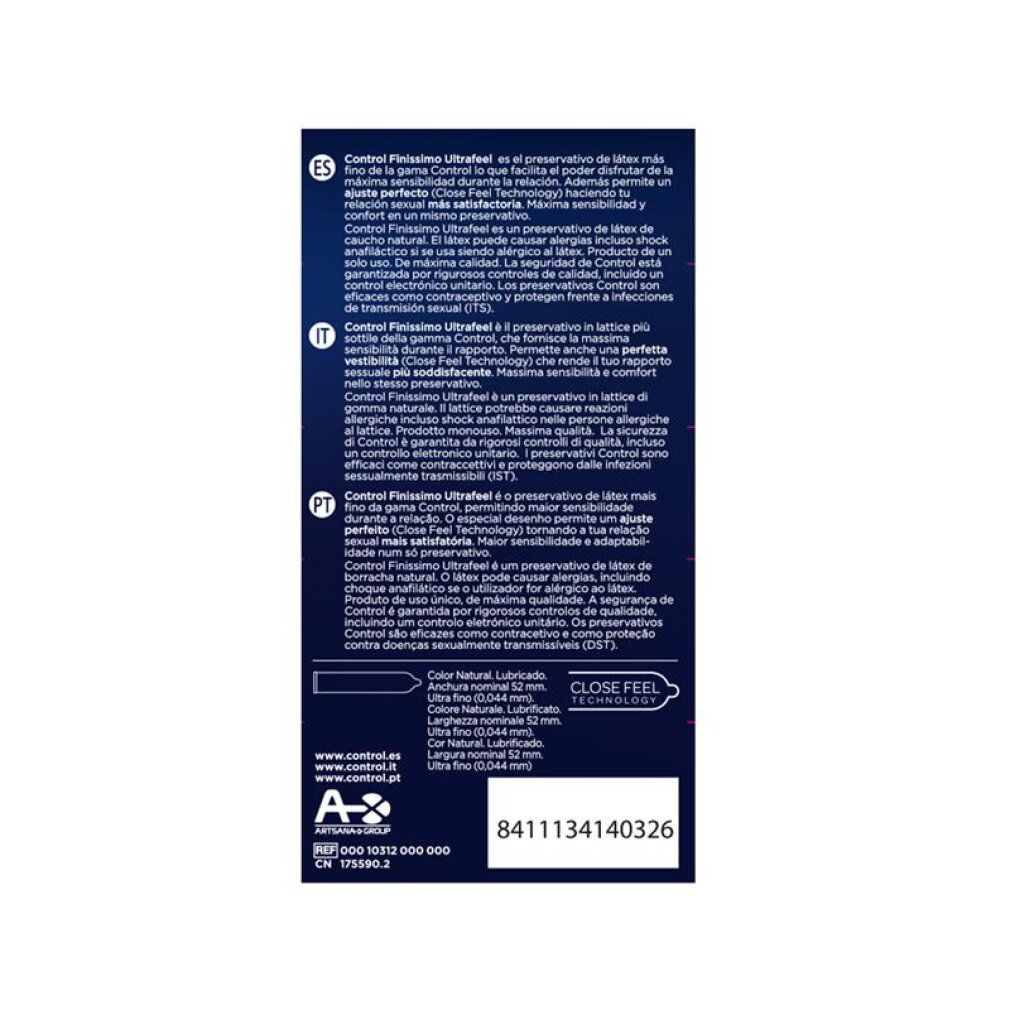 Arrière de la boîte de préservatifs Control Finissimo Ultra Feel. Contient informations et certifications.