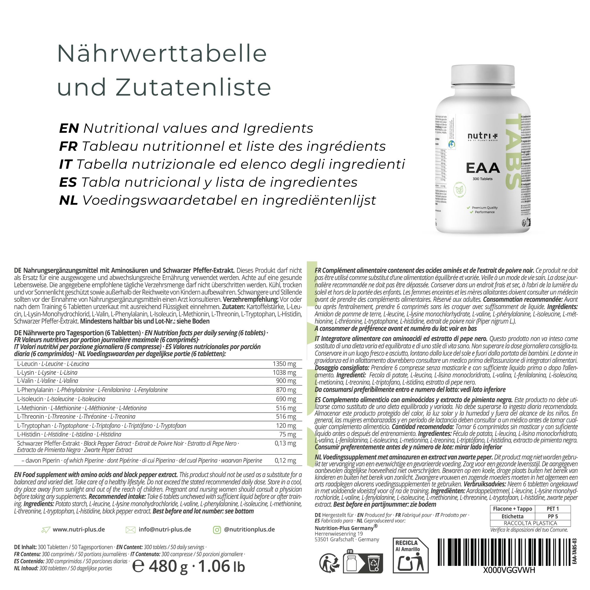 Witte fles met tabletten. Opschrift: nutri+ EAA Tabs. 300 tabletten. Vegan-zegel.