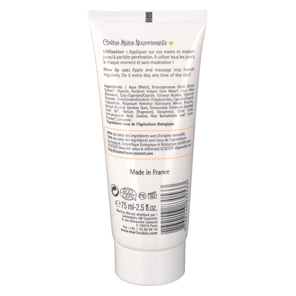Tube blanc de crème pour les mains, 75 ml. Comprend un label ECO-CERT et la mention Made in France.