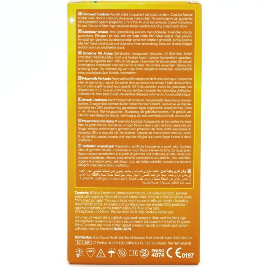 Dos d'un emballage de préservatifs jaune. Texte en plusieurs langues, dont l'allemand et l'anglais. Contient des informations sur le produit.