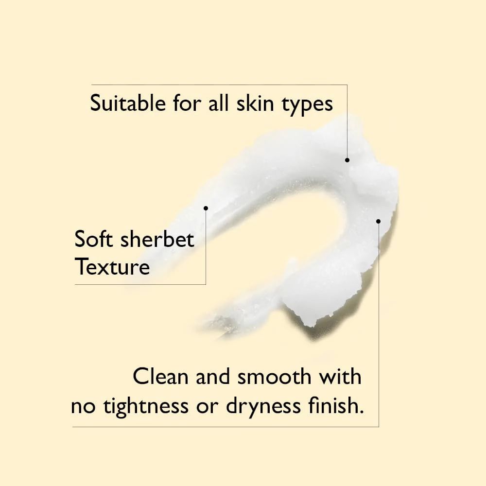Texture douce et crémeuse. Convient à tous les types de peau. Inscription : Soft sherbet Texture. Clean and smooth with no tightness or dryness finish.