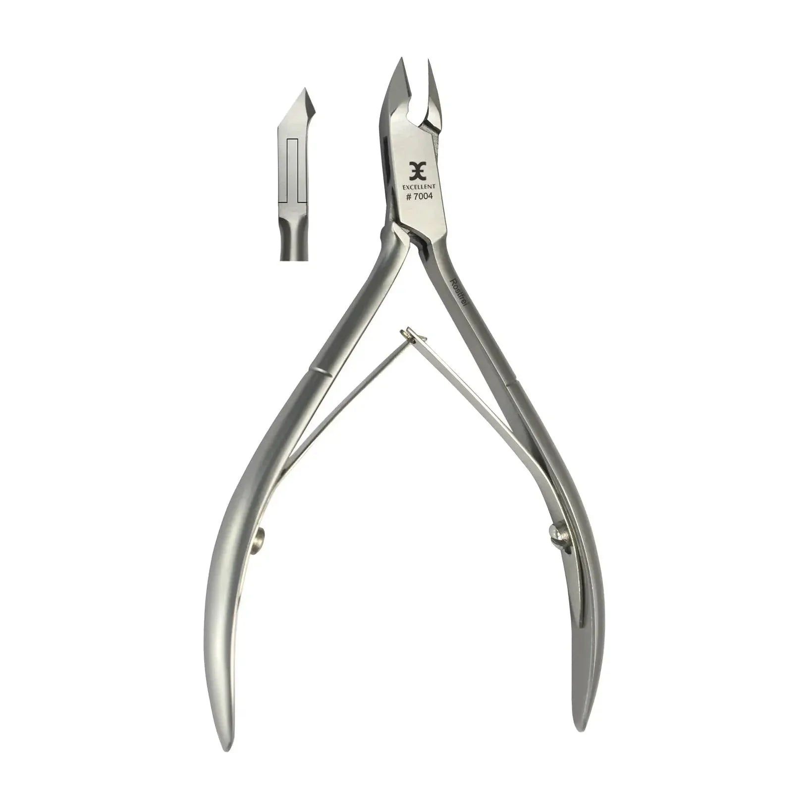 Metalen nagelriemtang. Slanke snede, 6 mm. Detailweergave van de snede. Logo en tekst.