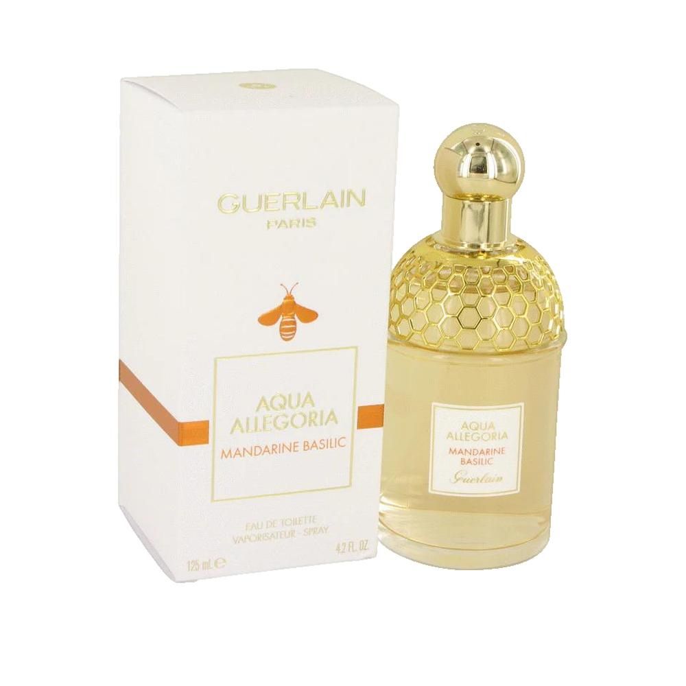 Flacon de parfum et emballage. Flacon avec bouchon doré et motif en nid d'abeille. Emballage avec inscription Aqua Allegoria et abeille.
