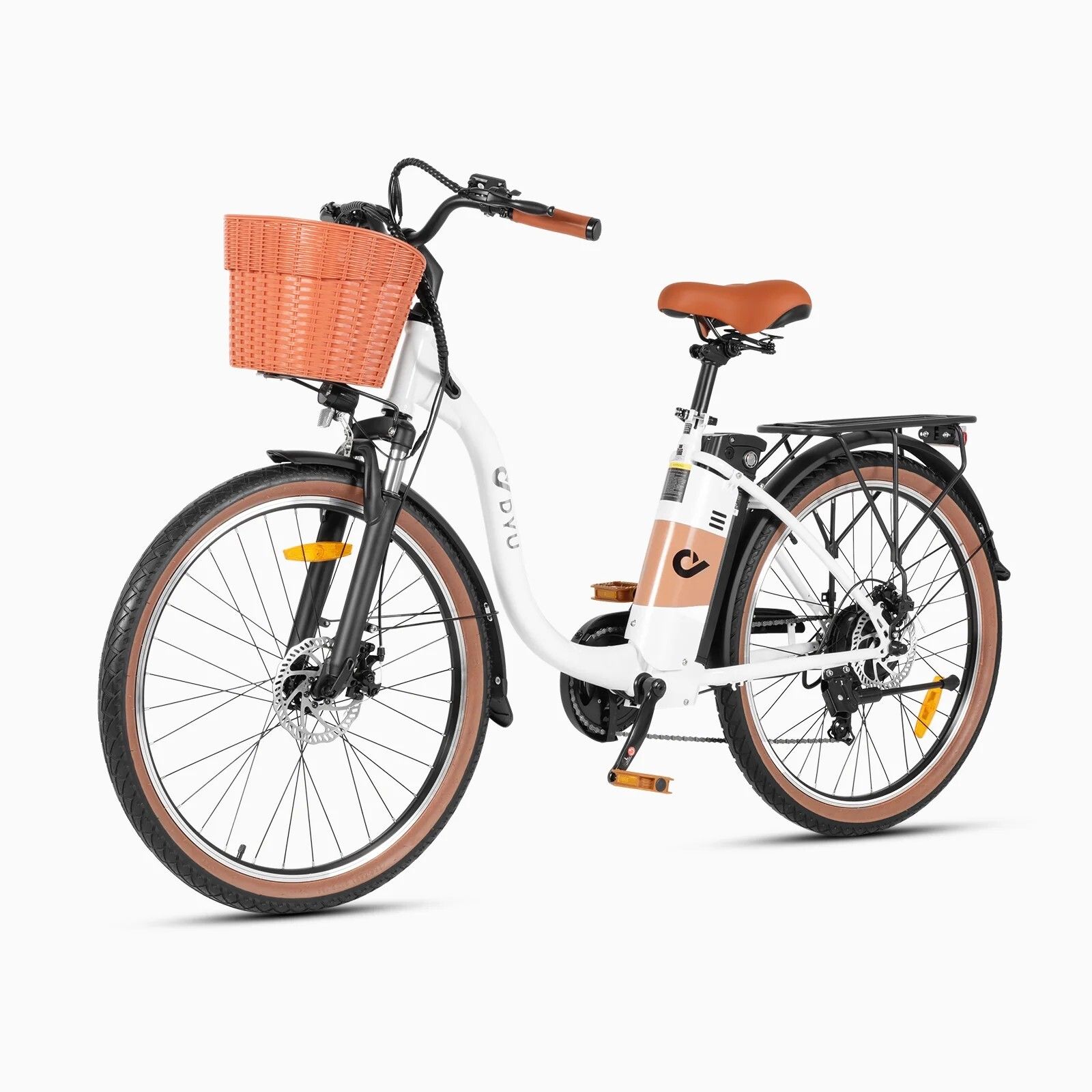Vélo électrique blanc avec pneus, selle et panier marron. Porte-bagages arrière. Logo DYU sur le cadre.