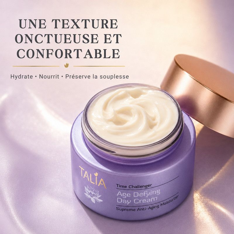 Emballage de crème de jour Talia, mention 'Age Defying Day Cream'.