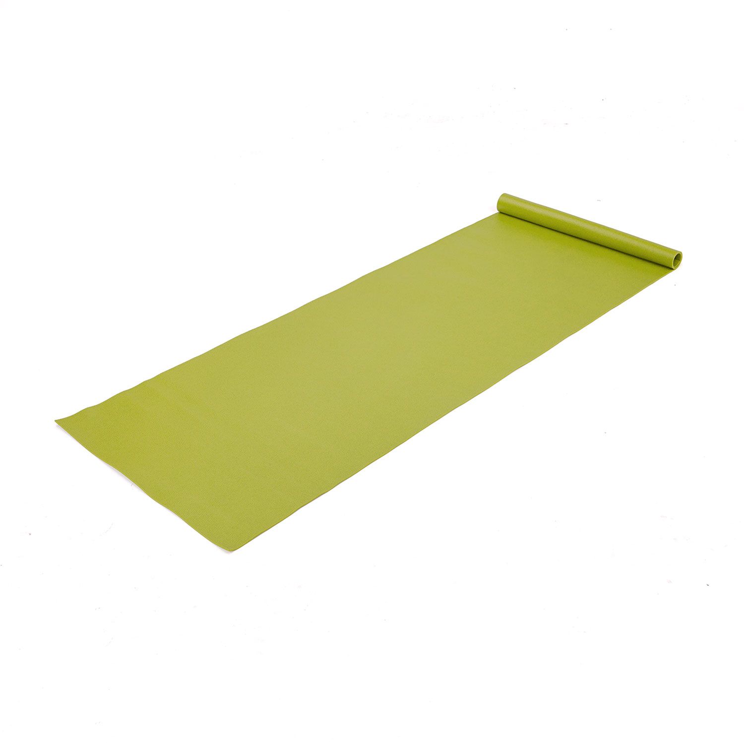 Uitgerolde mat van groen PVC-materiaal. Rechthoekige vorm, olijfkleur.