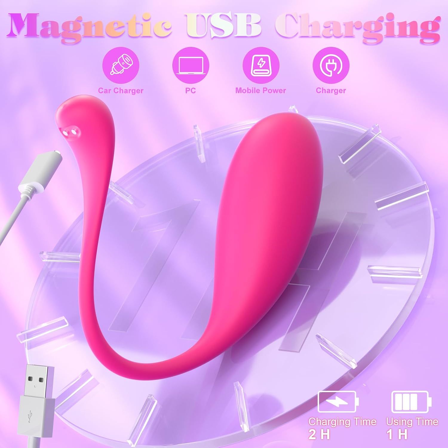Roze vibrator met magnetische USB-oplaadkabel en laadindicator.