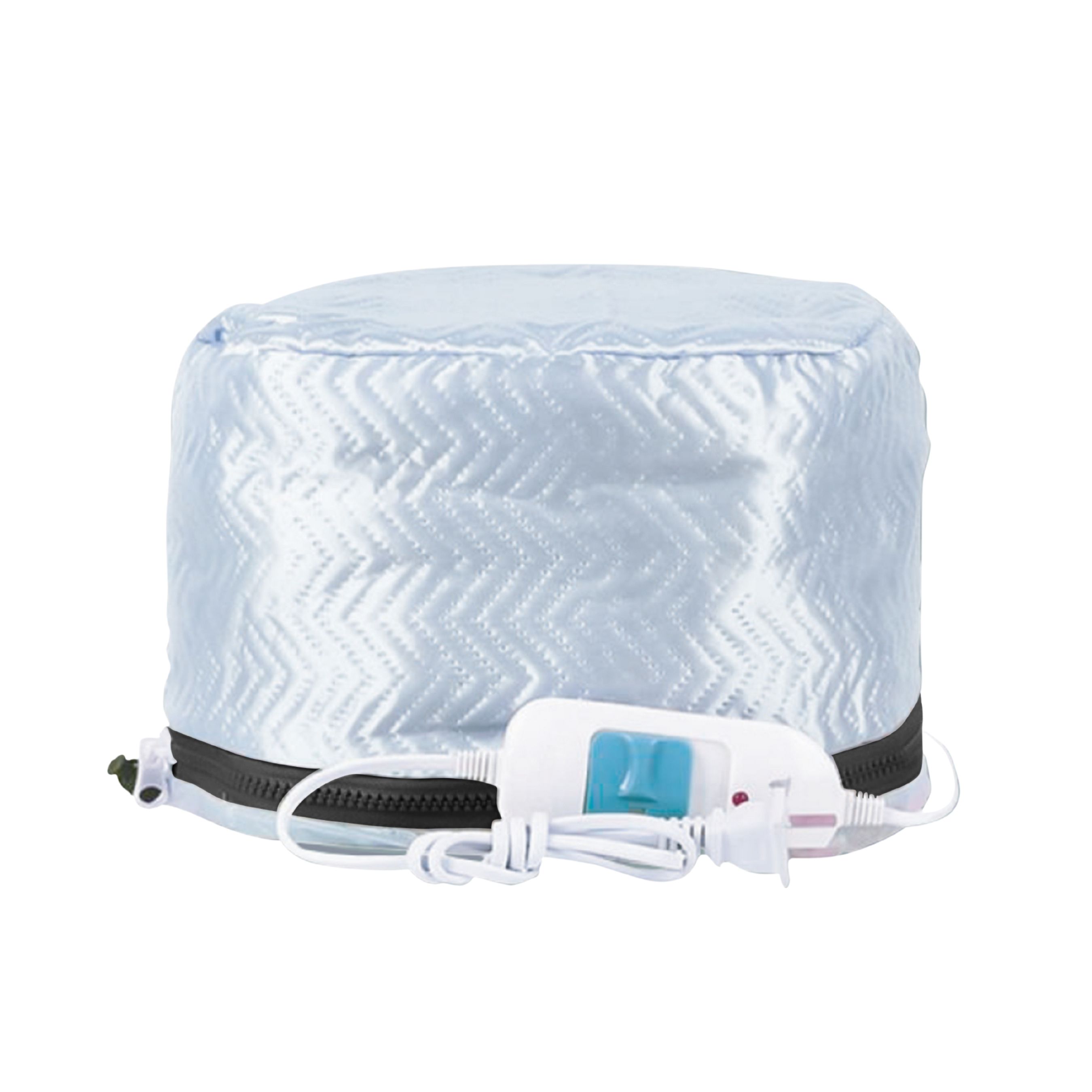 Casquette thermique bleu clair avec fermeture éclair et prise électrique. Motif en chevrons.