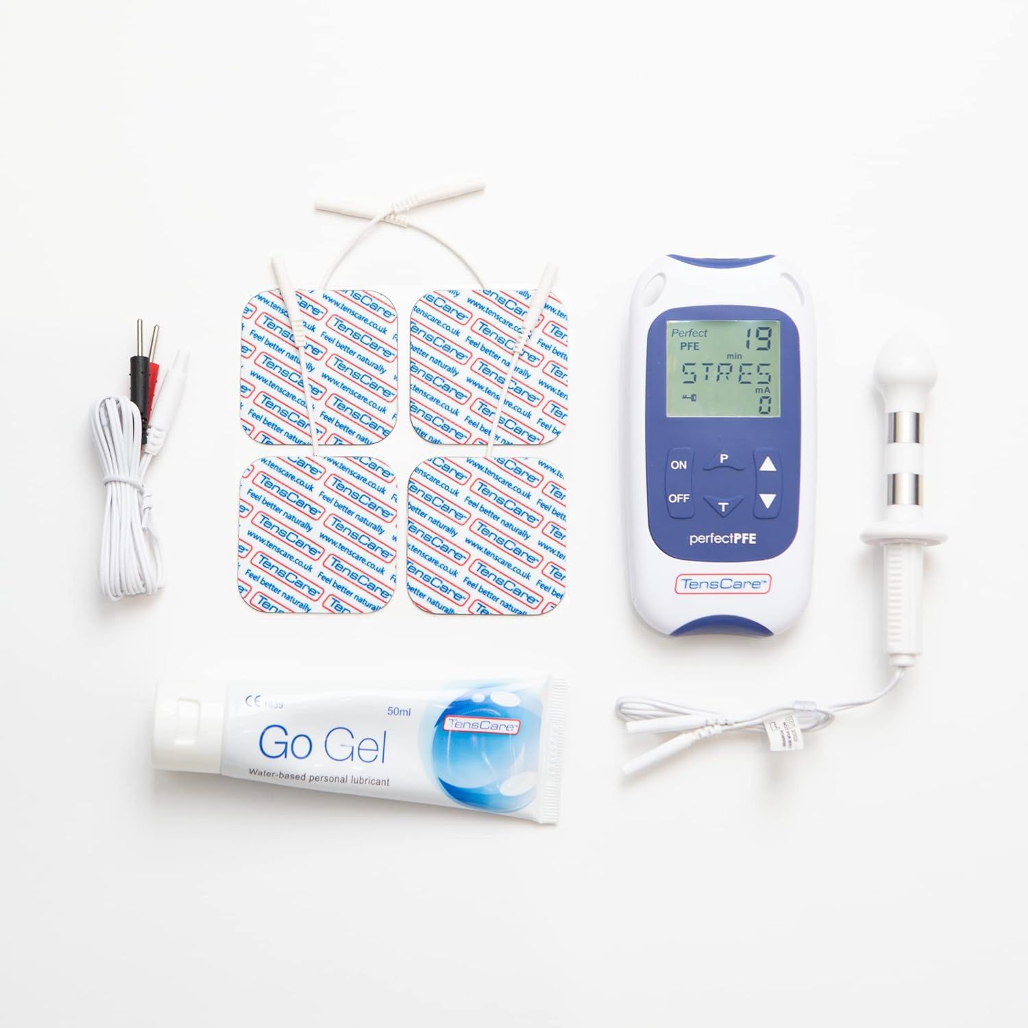 Kit d'appareil d'exercices du plancher pelvien. Contient appareil, électrodes, sonde, gel et câbles. Marque : TensCare.