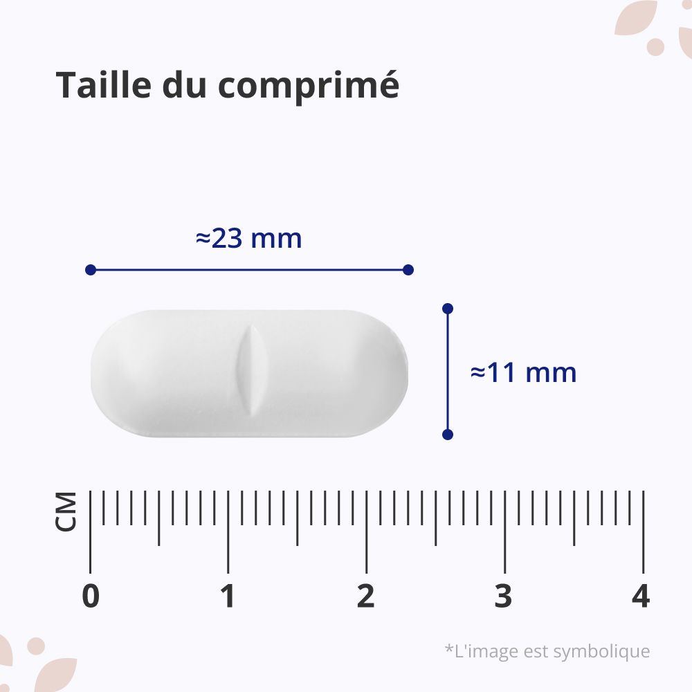 Comprimé blanc d'environ 23 mm x 11 mm. Inscription: Taille du comprimé.