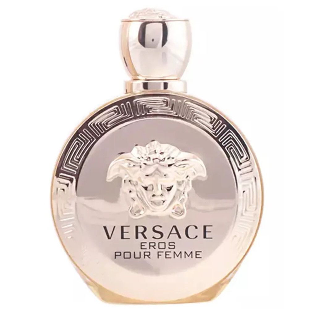 Zilveren fles. Opschrift: VERSACE EROS POUR FEMME. Zilveren dop.