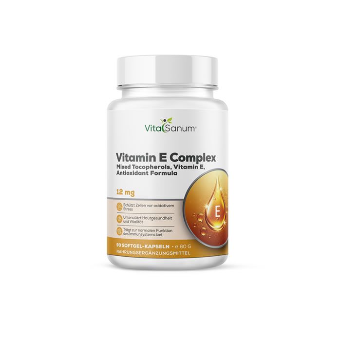 Witte fles VitaSanum Vitamin E Complex. 90 softgelcapsules. Productinfo en logo gedrukt.